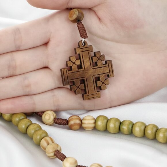 Olive Wood Rosary Jerusalem Holy Land Cross Necklace Hand Crafted NWOT - Picture 2 of 8